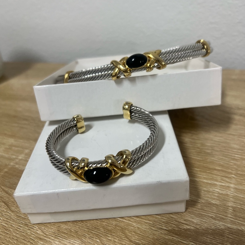 Gold/ Silver and Black Onyx Cable Necklace & Band Cuff Bracelet
